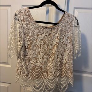 Express Elegant Lace Overlay Top - White